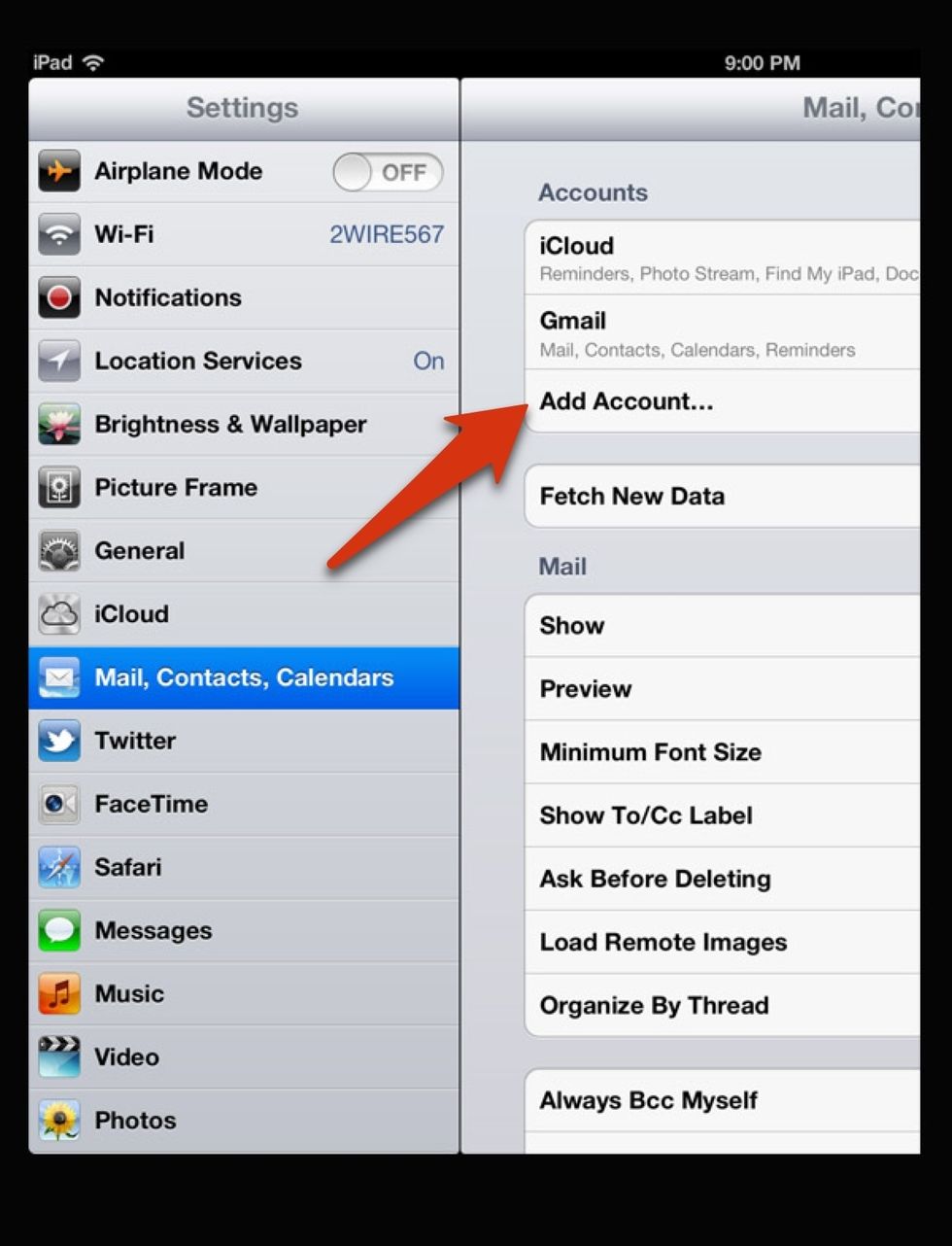 In "Settings" choose "Mail, Contacts, Calendars", then "Add Account..."