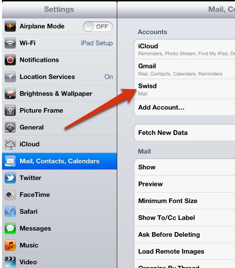In Settings, you should now see the new account.  Touch it.