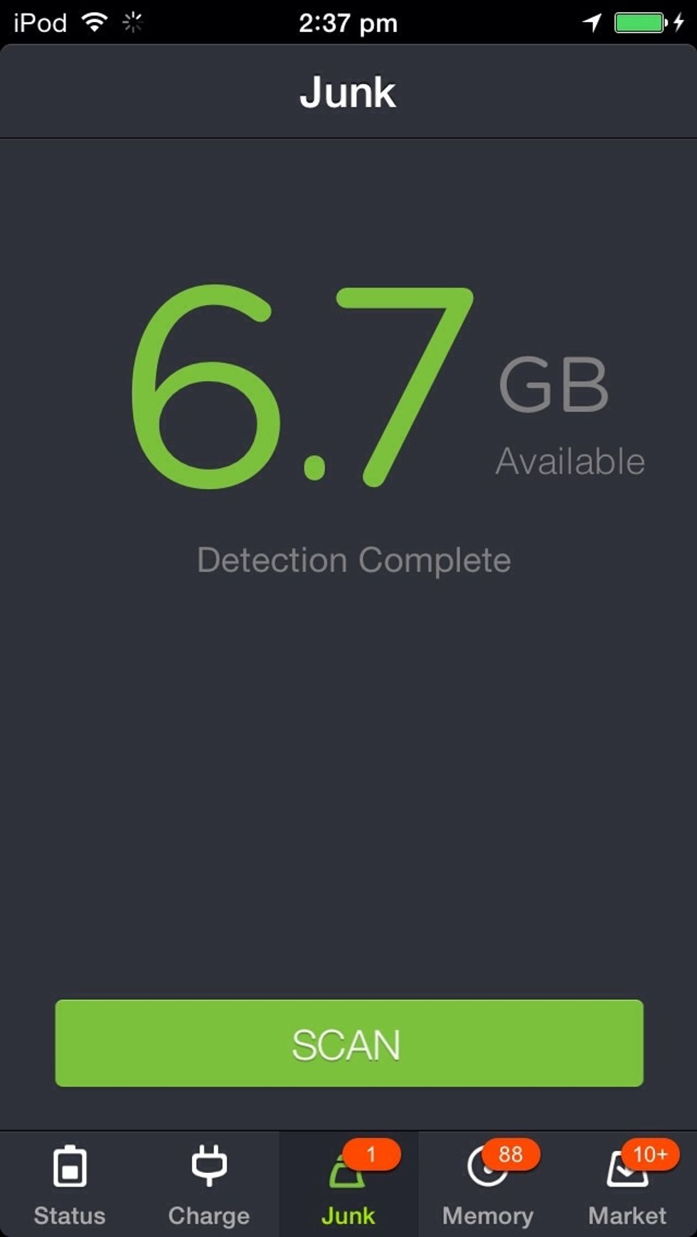 In the app, click on the "Junk" button present in the bottom row, and then click scan.