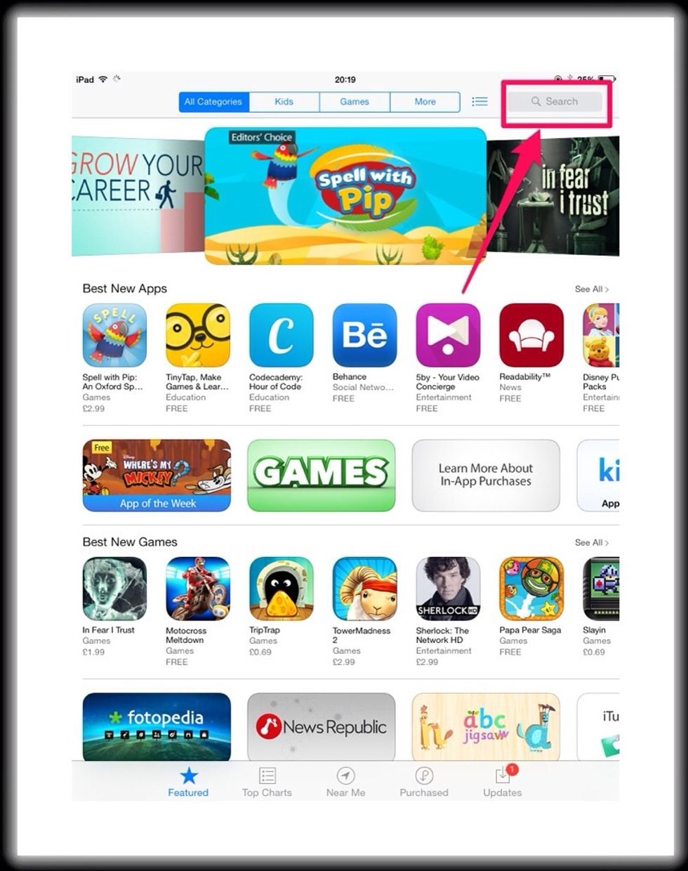 In the App Store use the top right search bar to search for the name or type of app you want.