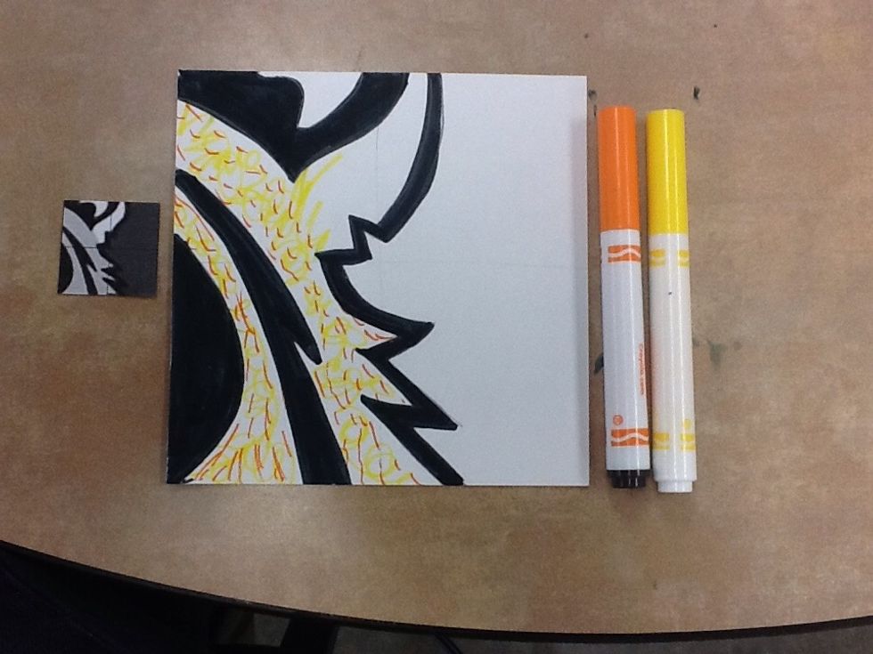 In the areas on your small puzzle piece where you see light gray create line and shape designs using only yellow and orange marker.