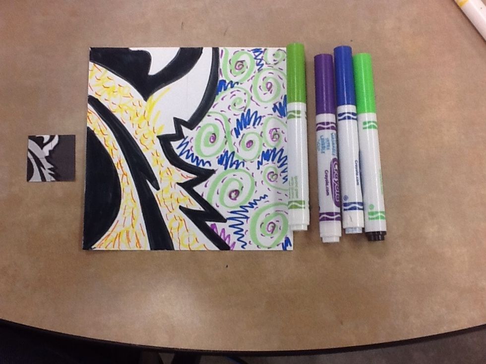 In the areas where you see dark gray, use any other color besides yellow and black to create patterns and designs. Leave all white spaces BLANK.