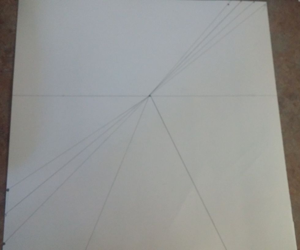 In the bottom corner wedge add another line in the middle of the two that converge to the vanishing point.  In the wedge at the top add two equally spaces lines between the two existing lines..