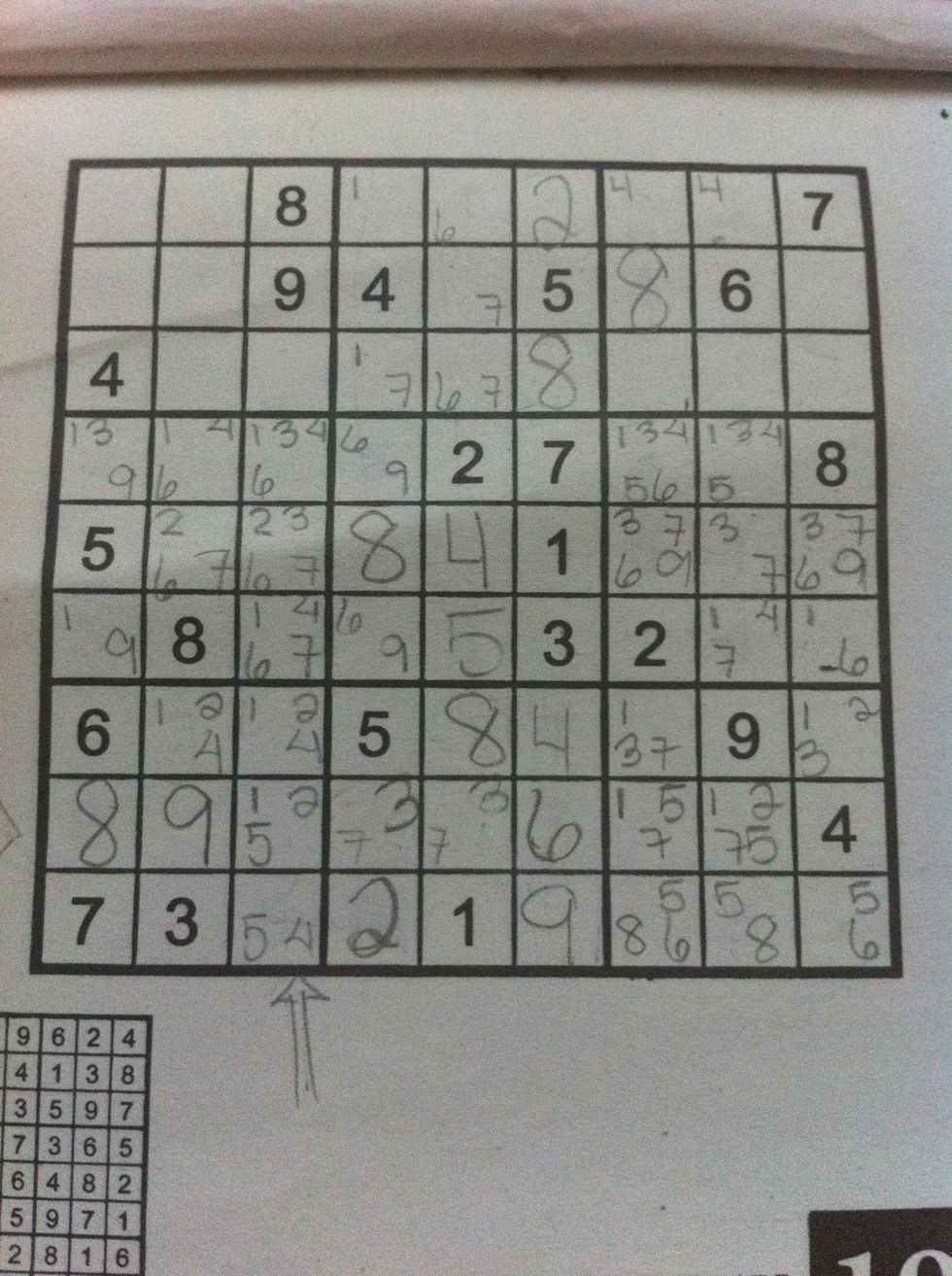 In the bottom left-hand square, we can reason that 4 must go in the bottom horizontal line because there's no other place for it in that line.