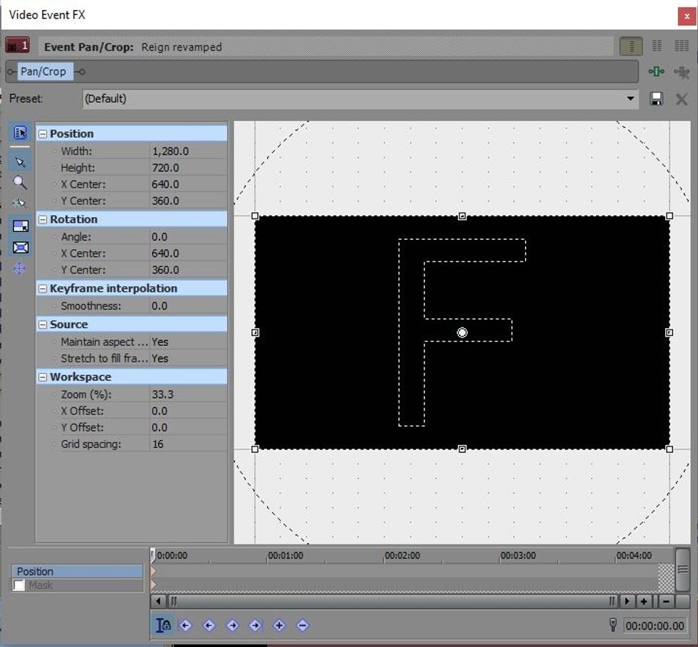 In the bottom right corner of any media will be a white square. This screen will pop up. Pan/Crop and any other effects will pop up here. To move the media around, hold the white squares and move.