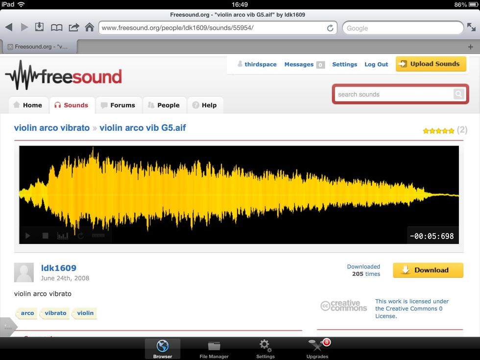 In the Browser of iDownloads+ go to www.freesound.org and find a sound effect you want to download