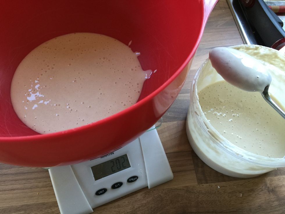 In the early evening, add 200g of Sourdough starter to a large bowl (I try to make sure the starter hasn't been fed for 24 hours beforehand).