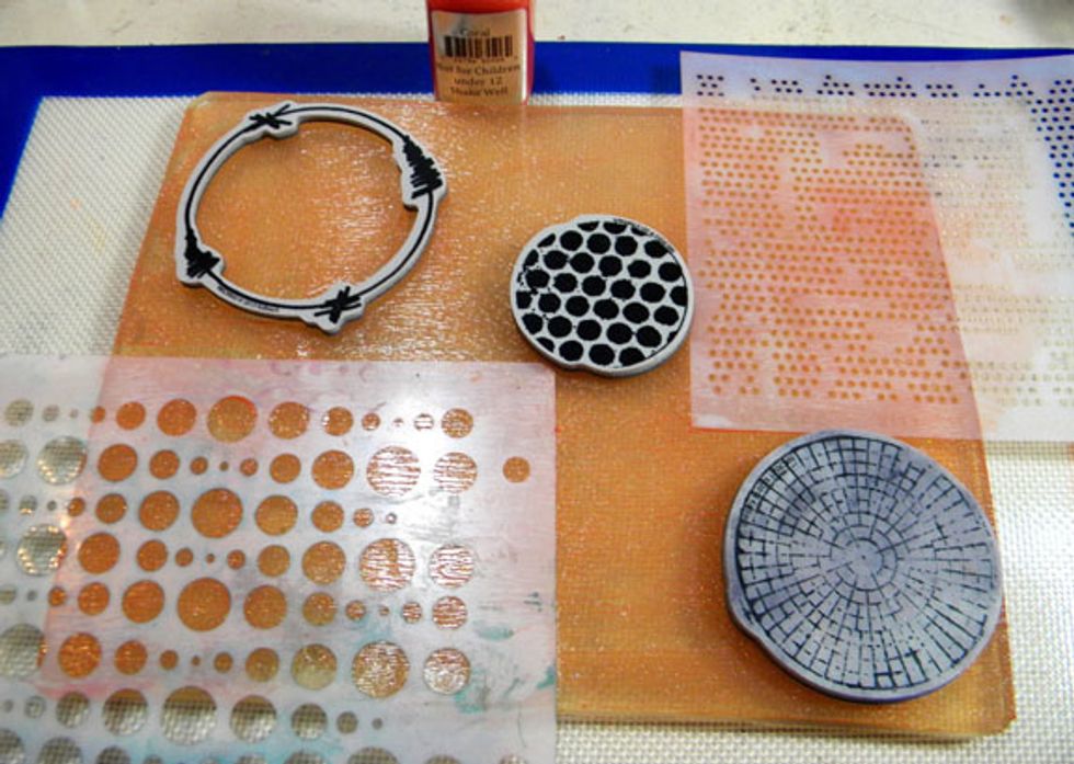 In the end, the best results are using stencils, rubber stamps, rubbing plates and Velvet and Sorbet paints.  The Minx and Colorations sprays are better for embellishing finished prints.