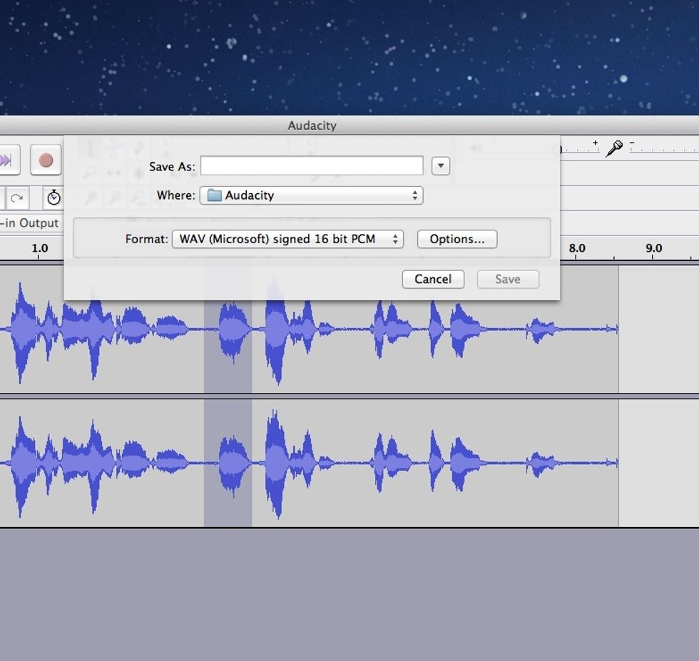 In the Export box, type in your file name and select a format. Under Format, choose WAV or AIFF for uncompressed audio and higher quality or choose MP3 for compressed audio and lower quality.
