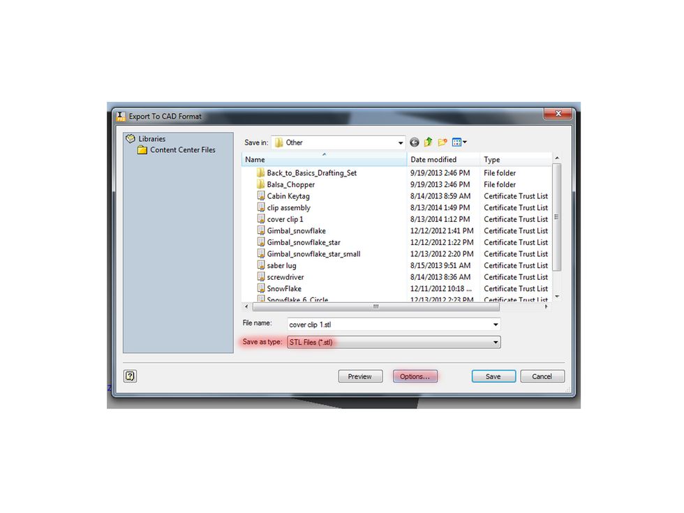 In the export window choose STL where you see "save as type". Type the file names and choose where you want the file to be located. Do not click save yet.