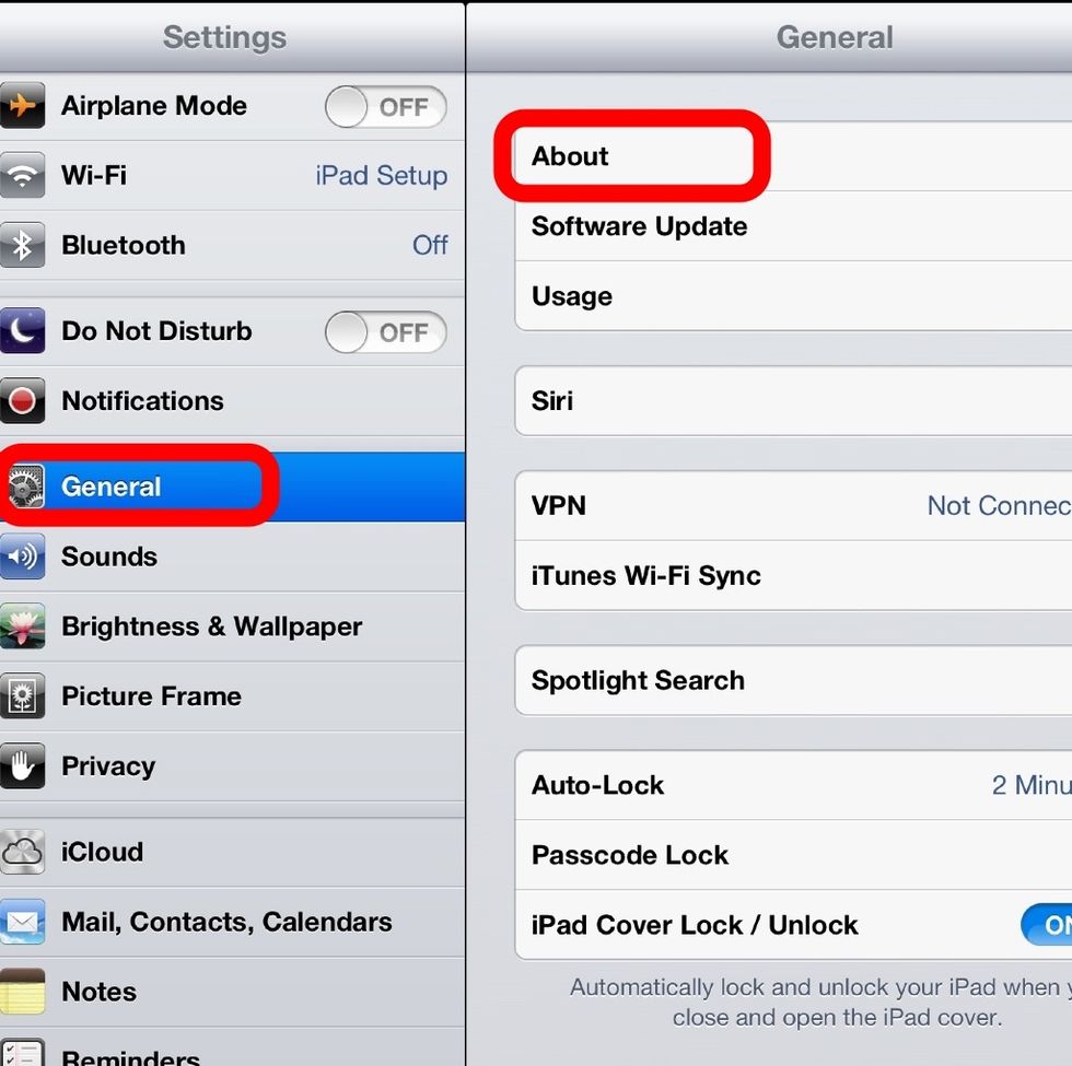In the "General" tab, touch "About" at the top of the list