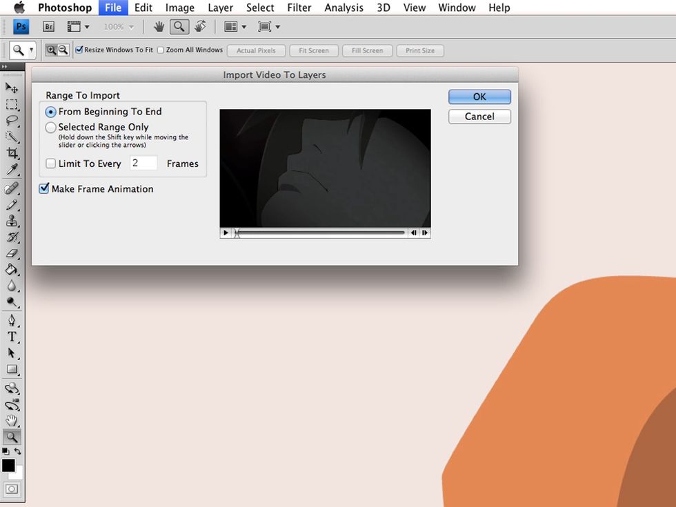 In the import window you can import the whole video or just a specific clip. I use Select Range and Limit to Every 2 Frames. Always leave Make Frame Animation checked.