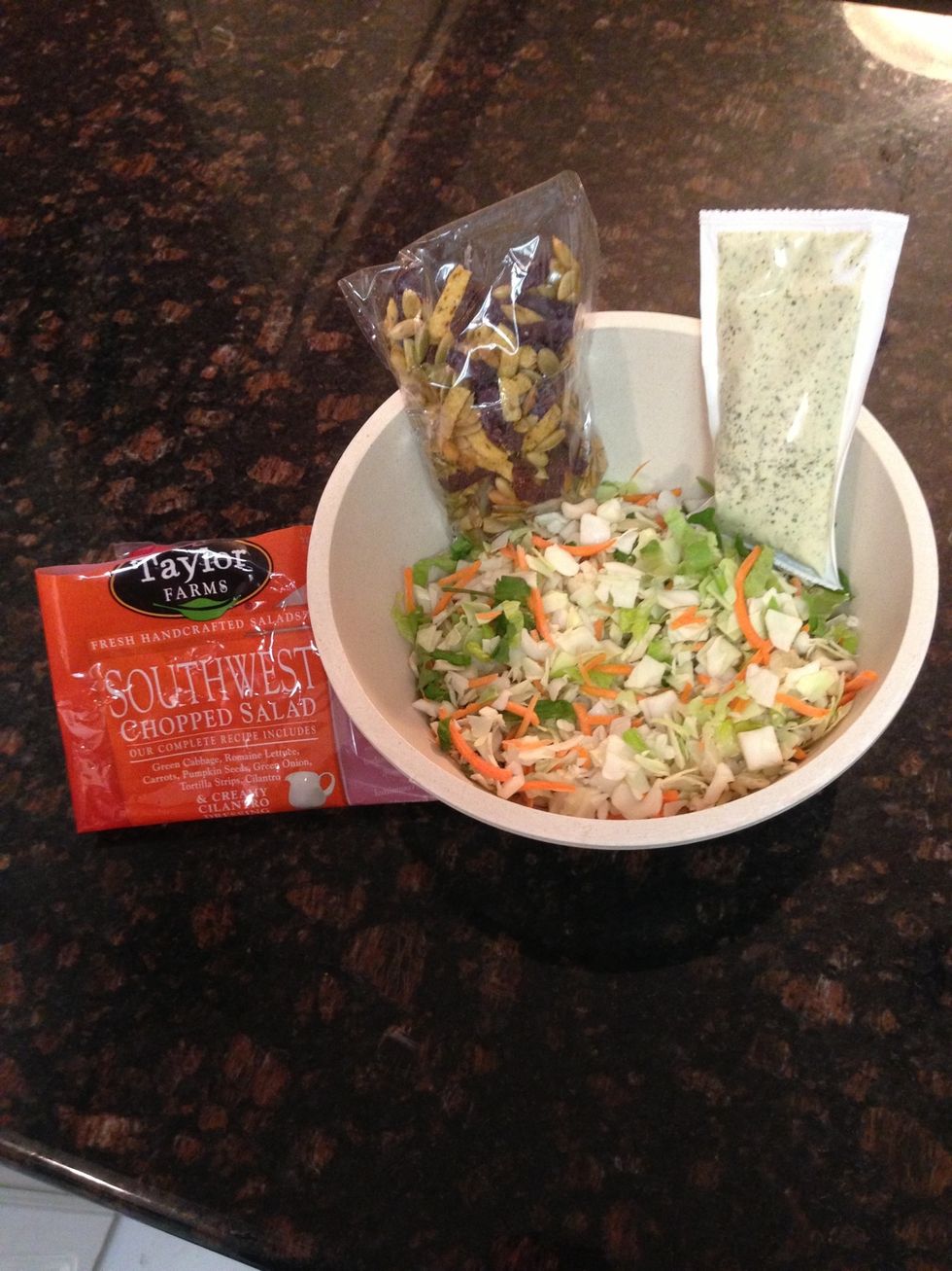 In the mean time, prepare the Side Salad. 1 Bag Southwest Chopped Salad. Find in produce section of grocery ($3.99). CEO with all the fixings.