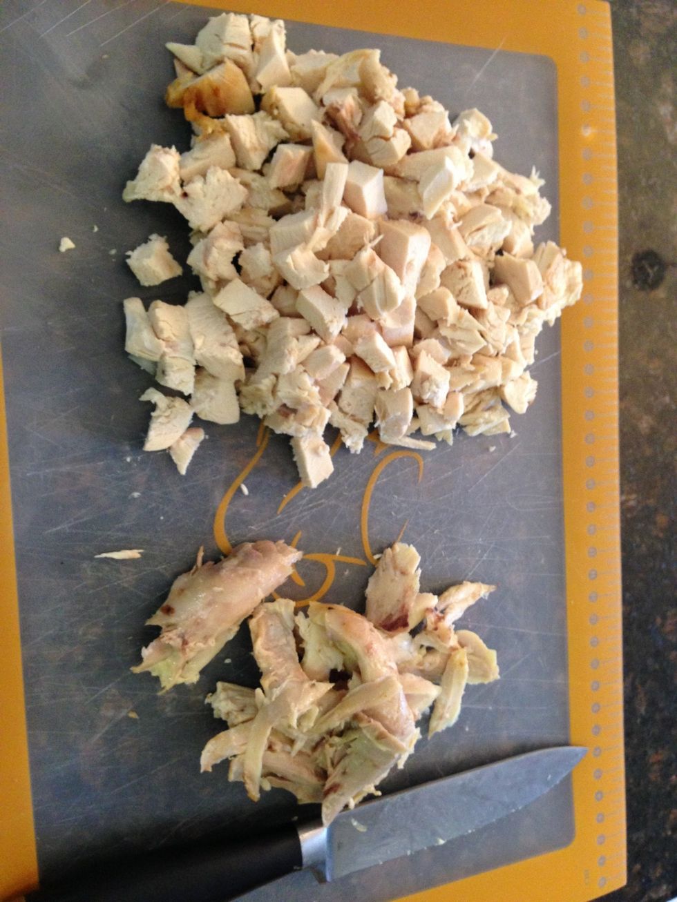 In the mean time, pull the meat off of 1 roasted chicken. Chop into bite size pieces. If you don't want to but a whole chicken, use 4 cooked chicken breast.