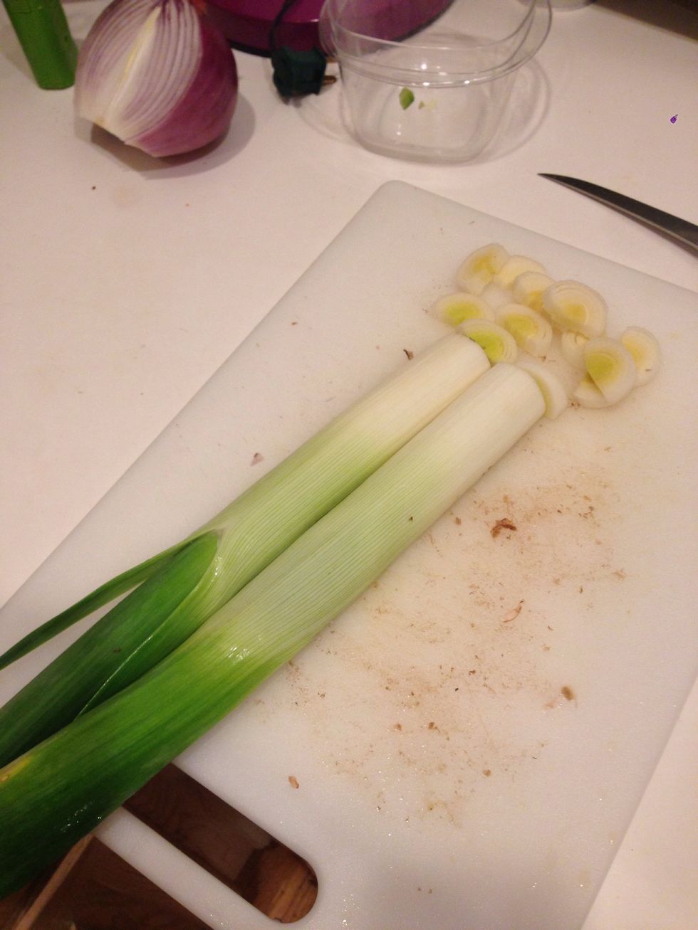 In the meantime, cut the leek in half and chop finely. This cooks very quickly so I add it last.