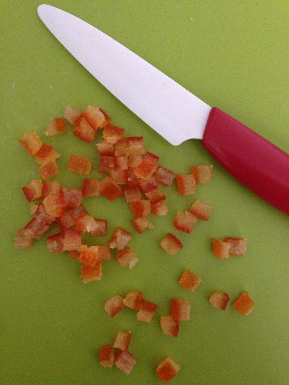 In the meantime, cut the orangettes into small cubes. Add over chocolate. Stir and let thicken to a consistency to be able to spoon this mixture. 10 mins in z freezer or 1 hr in the fridge