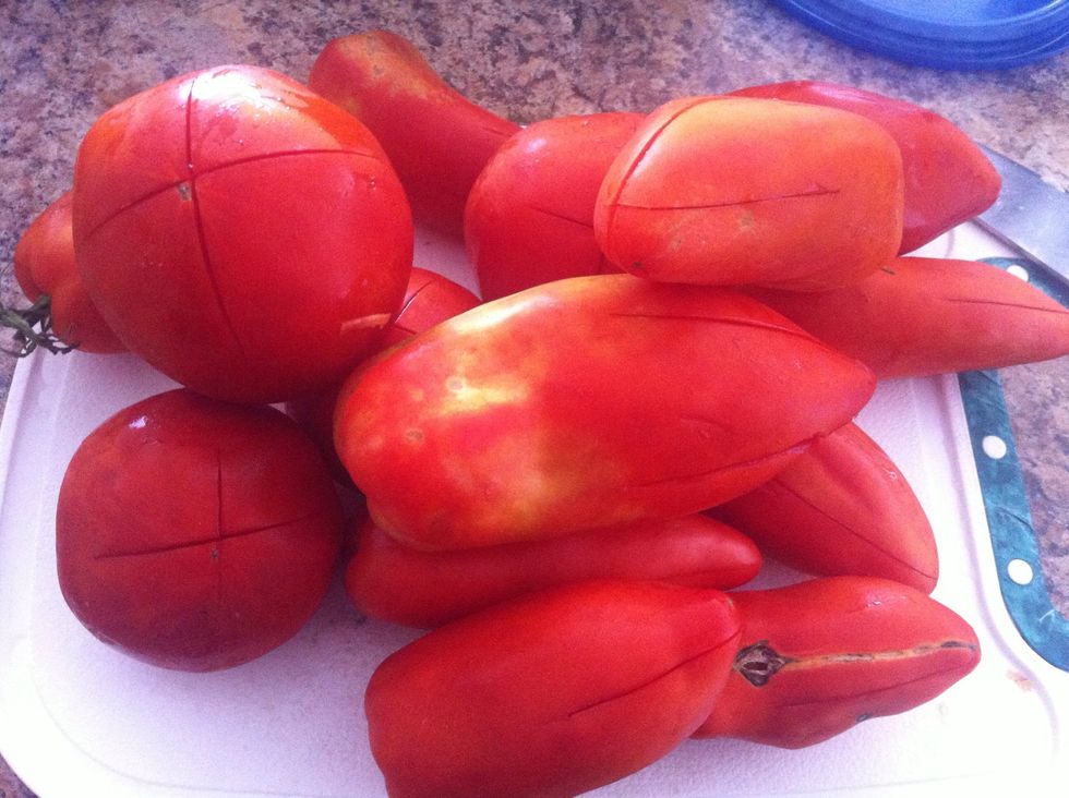 In the meantime, I've scored some garden tomatoes to blanch. I normally use canned San Marzano tomatoes but this time I did a mix.
