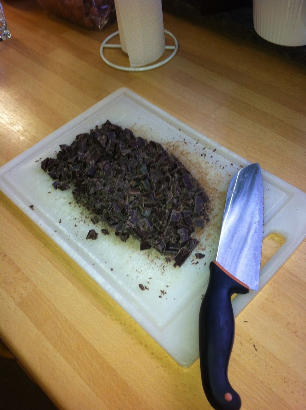 In the meanwhile, chop the dark chocolate into tiny bits. The smaller bits, the faster it melts.