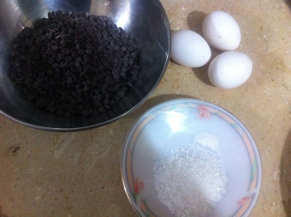 In the meanwhile, make your mousse. Get your stuff. Chocolate, eggs, sugar, salt. Quantity of each mentioned in the supplies section