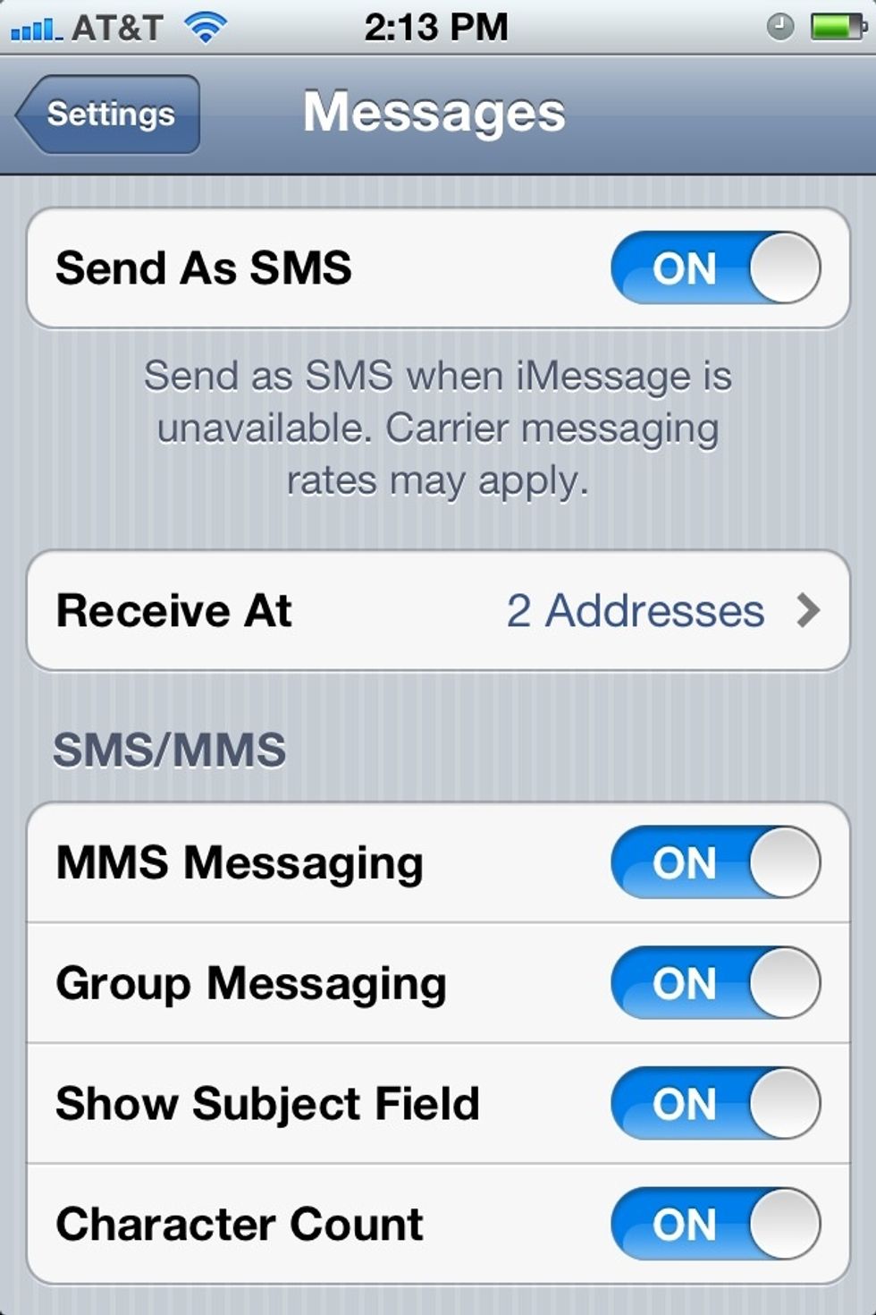In the Messages settings you select how you want Message to behave.  Once you have your settings fine tuned select "Receive At" to set up your Caller ID