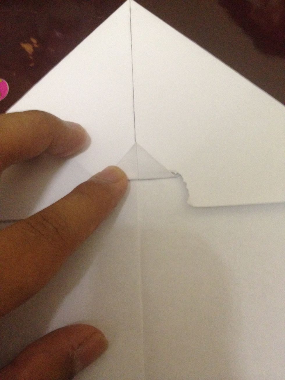 In the middle of the paper, underneath the cut out edges, Fold the little triangle up.
