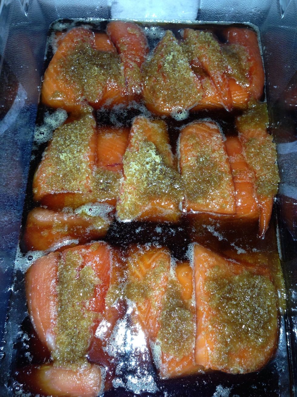 In the morning this is what you will see. Your lovely salmon swimming in a thick syrup which shows you how much liquid that brine mix pulled out of it.