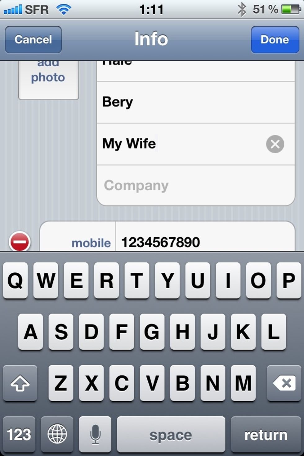 In the new field tap the nickname, for the sake of this guide I used "my wife" once done tap on done.