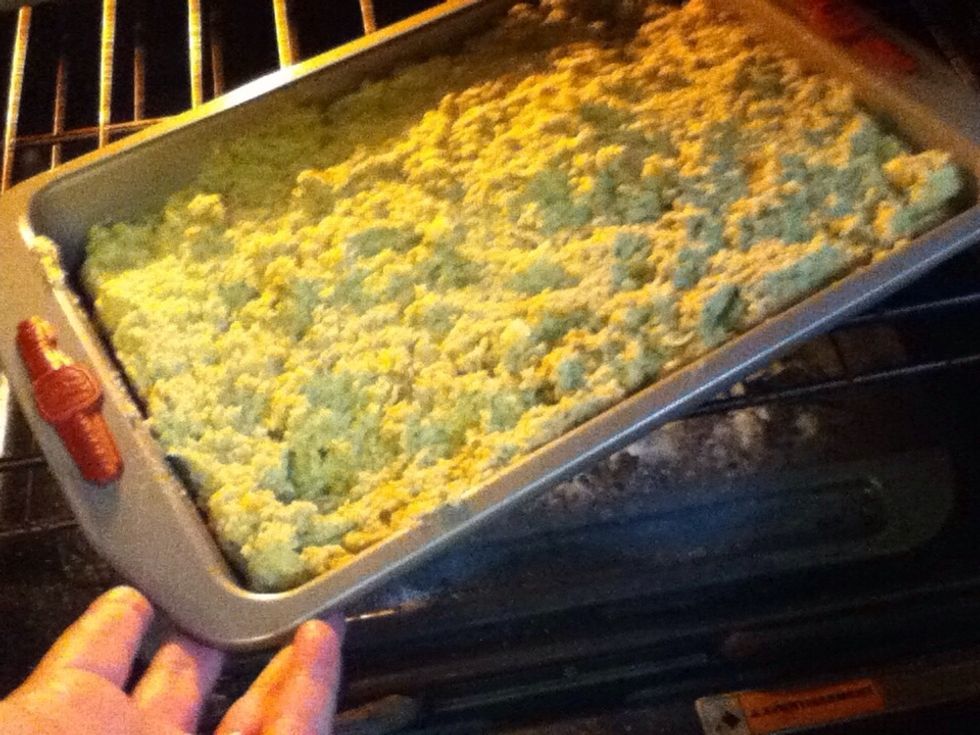 In the oven till set and browned.