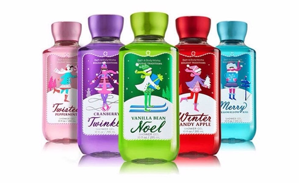 In the picture there are the holiday scents in shower gel. They are Twisted Peppermint, Cranberry Twinkle, Vanilla Bean Noel, Winter Candy Apple, and Merry Marshmallow.