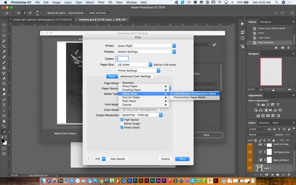 In the Printer Setting dialog box click on the Media Type pulldown menu. Go to Matte Paper and select "Ultra Premium Presentation Matte."