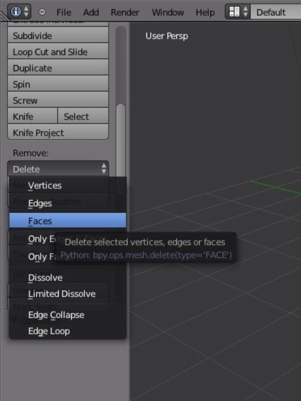 In the right hand panel, scroll until you see delete, select delete faces.