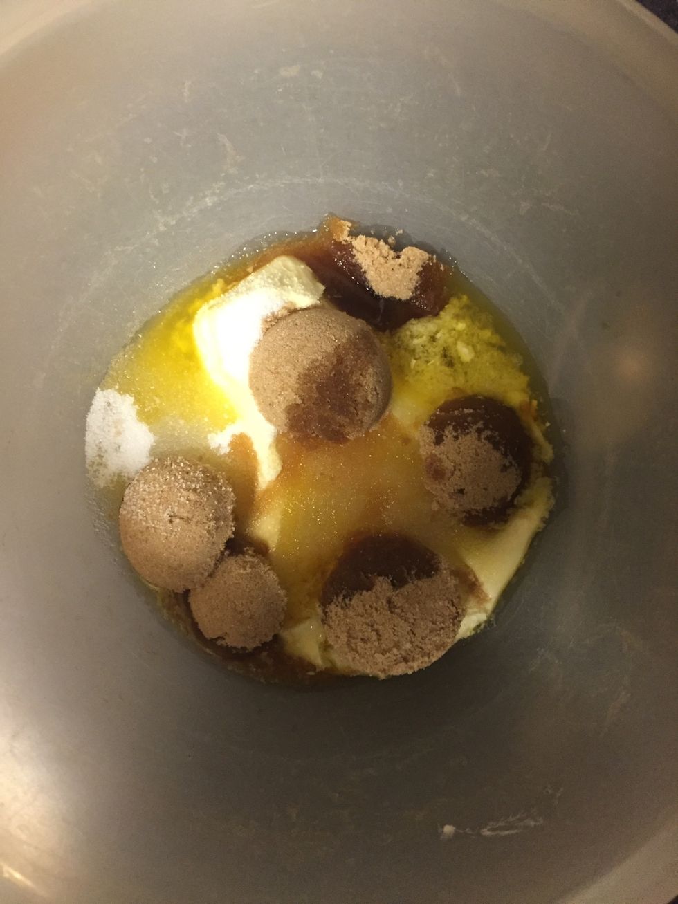 In the same bowl, beat in the sugar, brown sugar, and vanilla