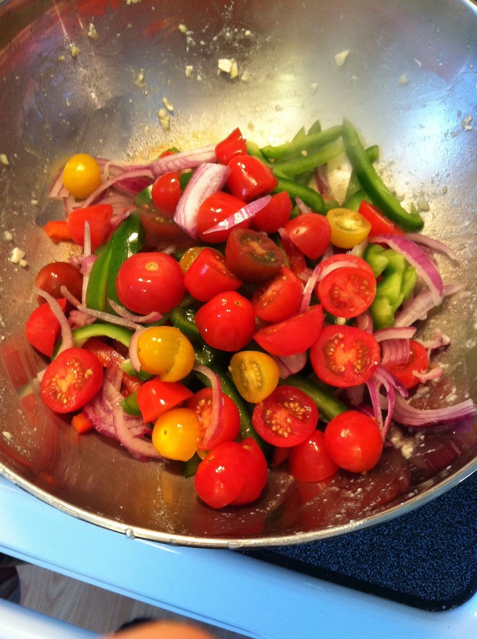 In the same non stick skillet, cook all your vegetables until tender crisp.