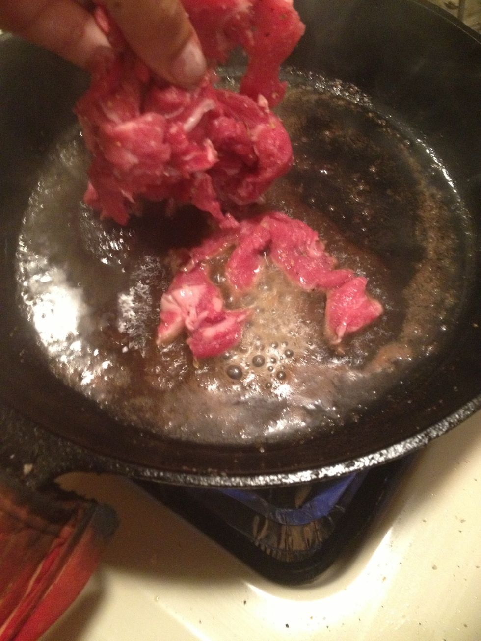 In the same pan you cooked your veg. Set the flame on high and add a tbs of butter. Start adding your beef and cook them in batches until browned.