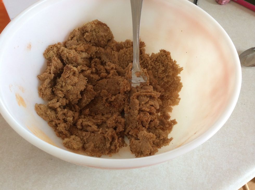 In the second bowl mix with a fork; 6 tablespoons of butter, 1 cup of brown sugar, and 2 teaspoons of cinnamon.