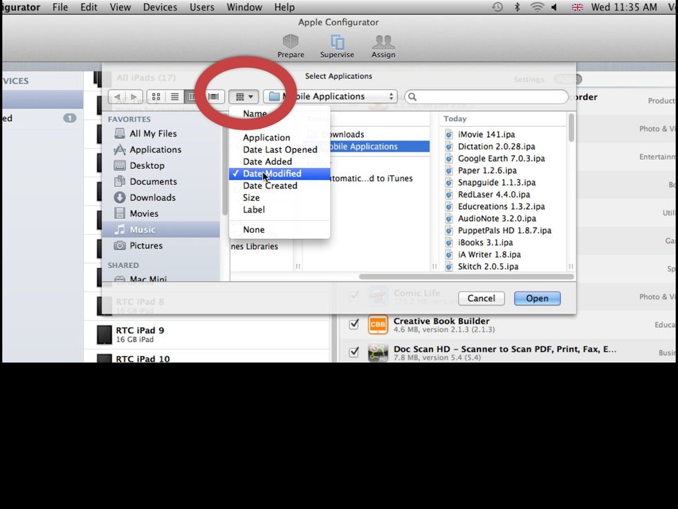 In the Select Applications dialog that opens, change the file order to 'Date Modified'