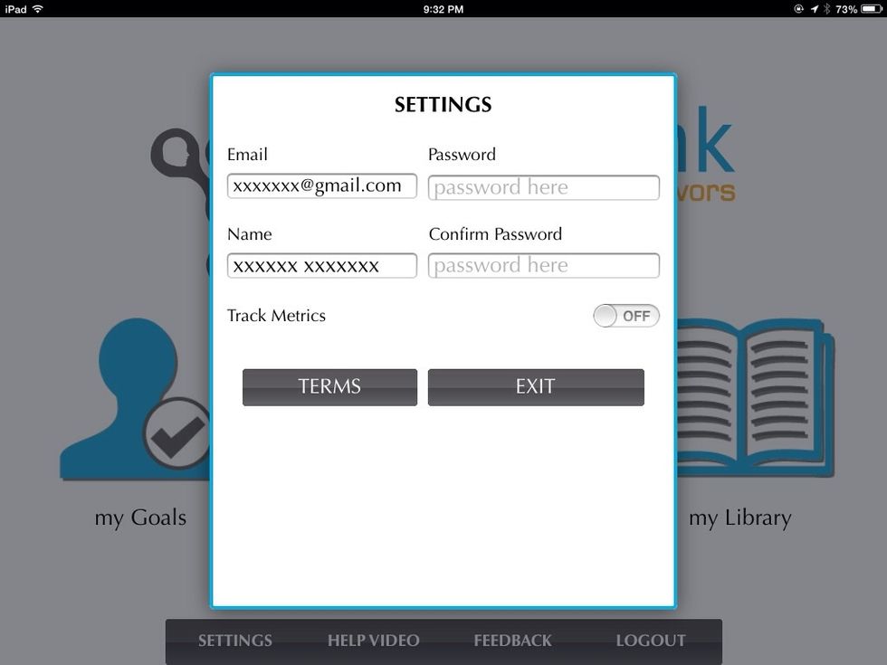 In the settings screen you can turn 'Track Metrics' on and off. You will want to turn 'Track Metrics' on to allow your client to keep track of repetitions and fatigue during the exercises.