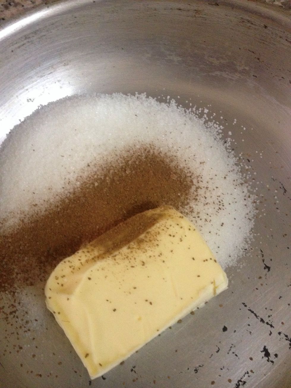 In the tin, which u will use to cook the tart too, put the butter, sugar, cinnamon and nutmeg