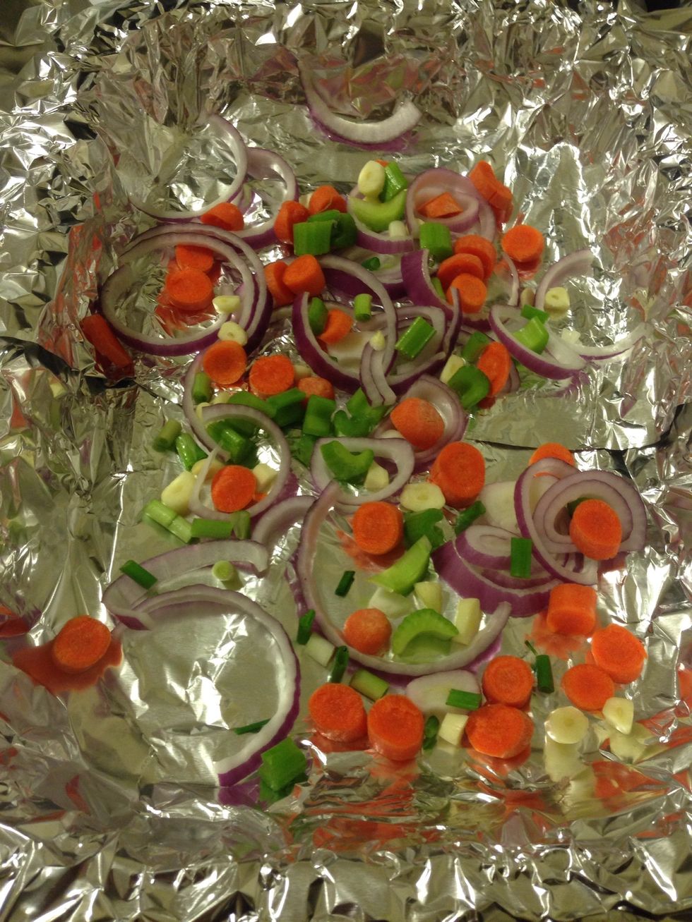 In the turkey dish, add almost all of the veggies. Save a little bit for inside the turkey cavity though.