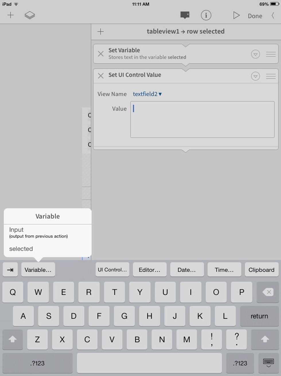 In the value box, tap where it says "Variable" above the keyboard. Our created variable will be in the list. Select it!