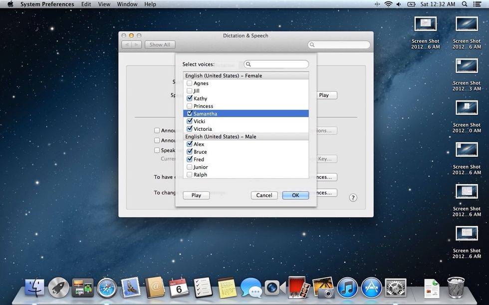 In this box, mark the "Samantha" voice checkbox and click OK. A dialog box will appear asking you to download the voice file (~700mb). Confirm the download and move to the next step.