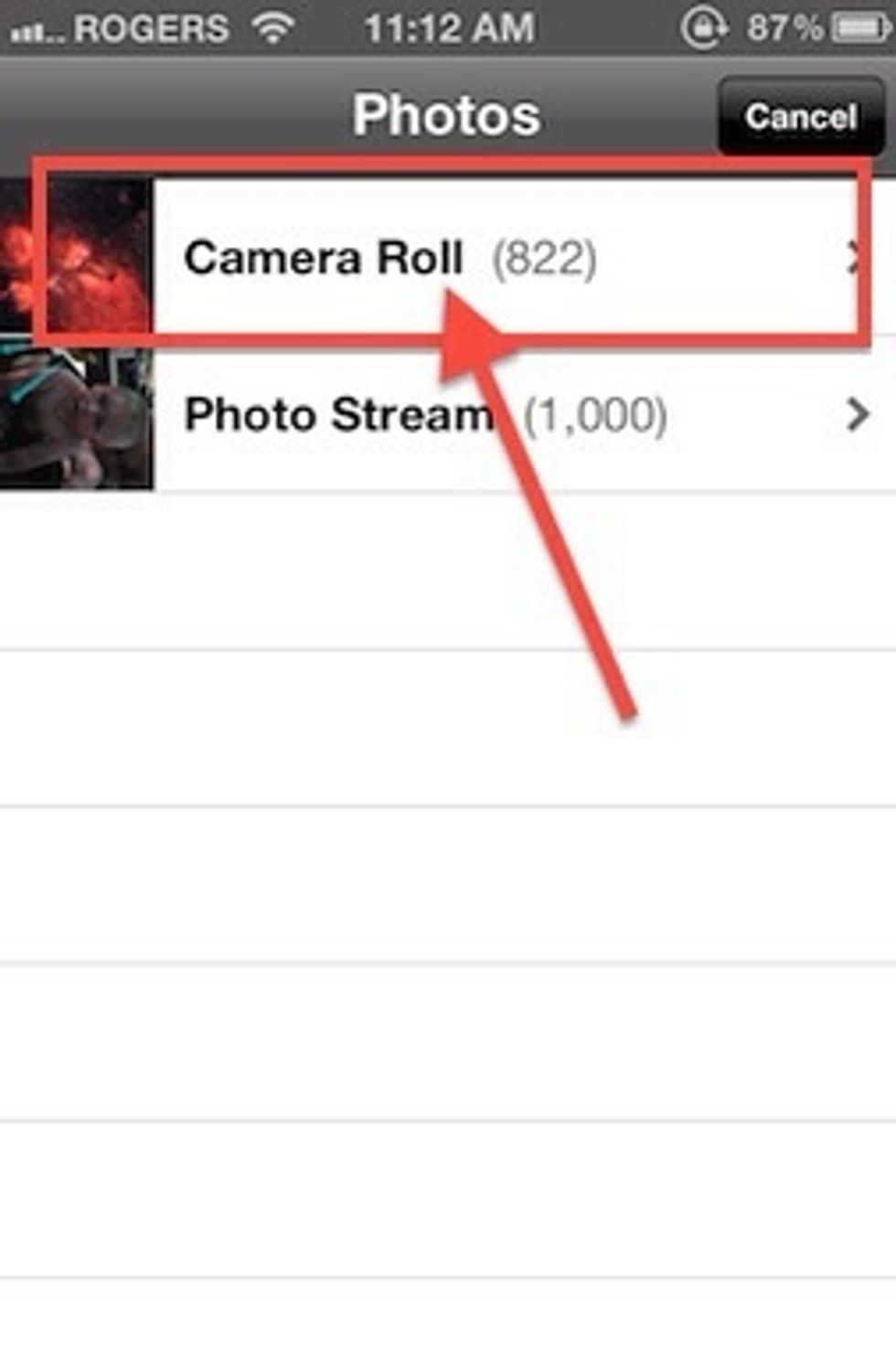 In this case I am choosing from the Photo Library, Camera Roll.