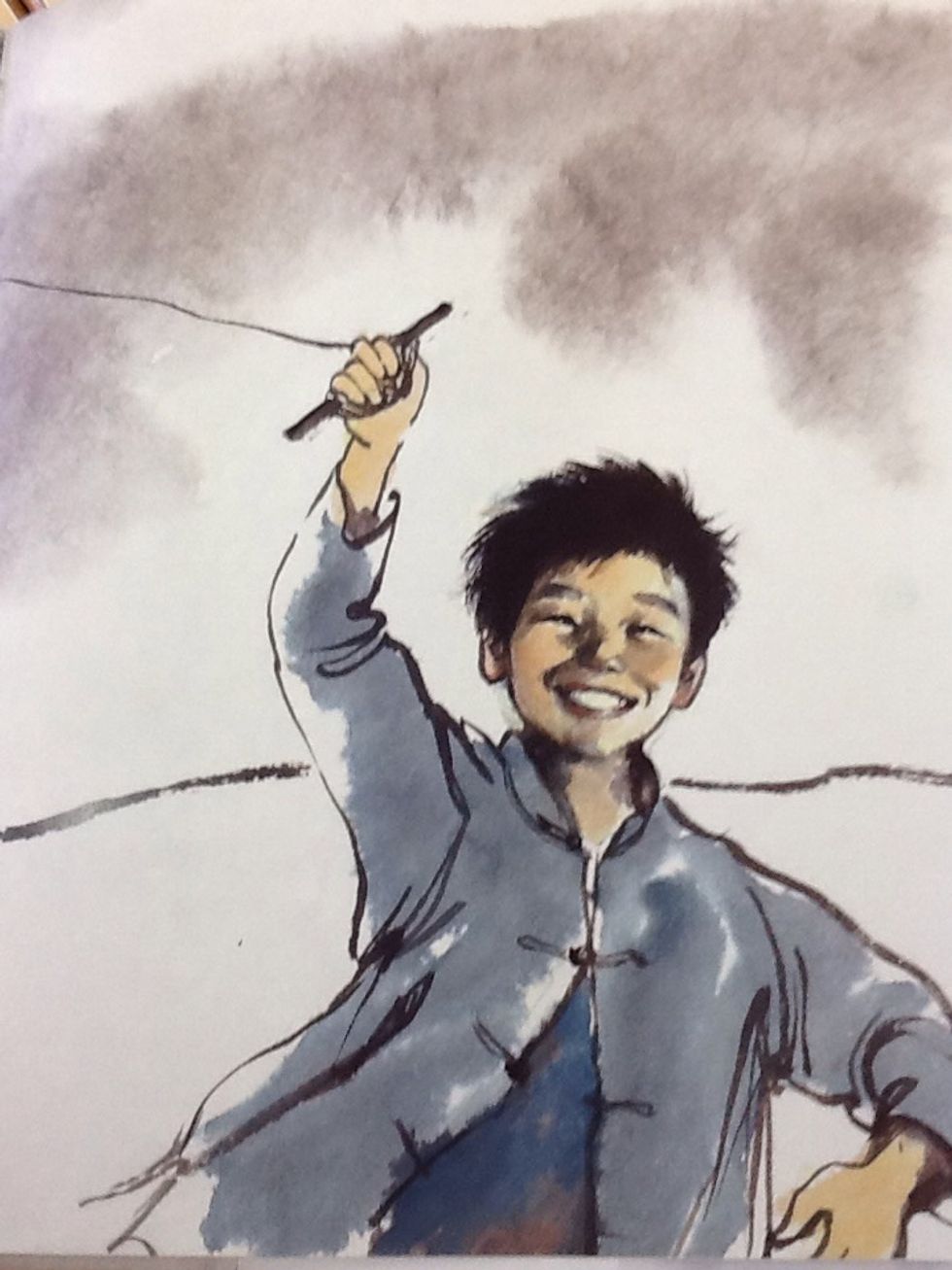 In this drawing the boy is the main feature and he is in the forground.