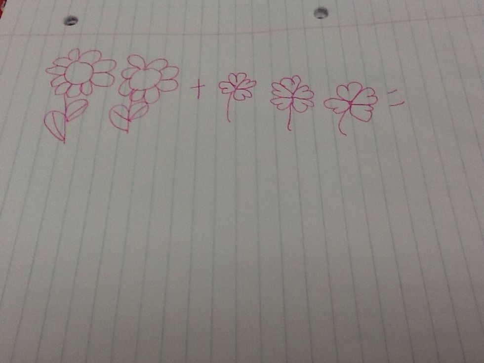 In this picture it shows 2 flower and 3 clover. So with the addition sign, you can tell that we are going to add.