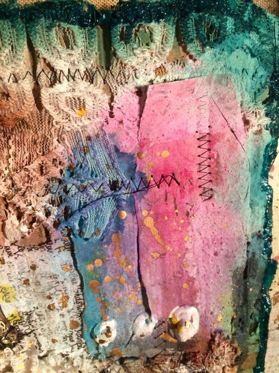 In this picture you see Ink Spot, Waimea Bay, Patience, Hottie, and Peacock Feathers. I am misting lightly to create layers of color. Don't forget to mist some of that AA Gold also.