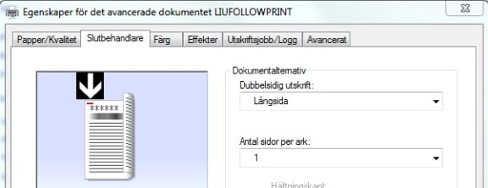 In this section, choose "\u00f6vre v\u00e4nster" to get the document stapled on upper left and "\u00f6vre h\u00f6ger" for upper right.