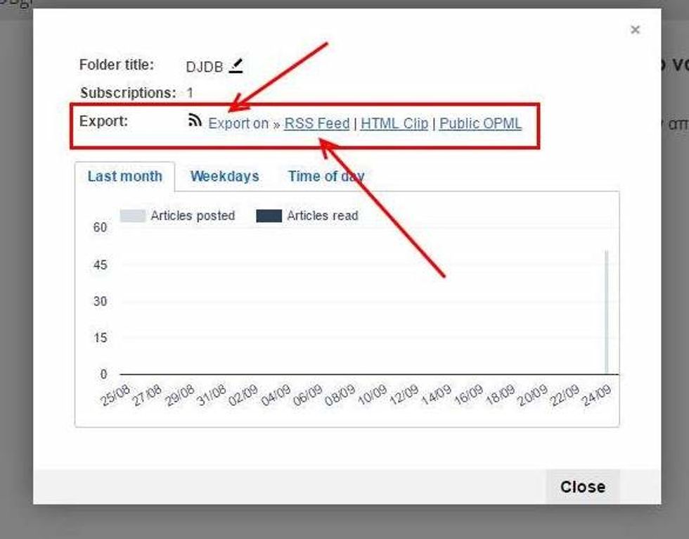 In this step, you'll generate the RSS Feed. Right click on the folder you have just created, select \u00abView folder information\u00bb and then turn the export on. Get the RSS from the \u00abRSS Feed\u00bb link!