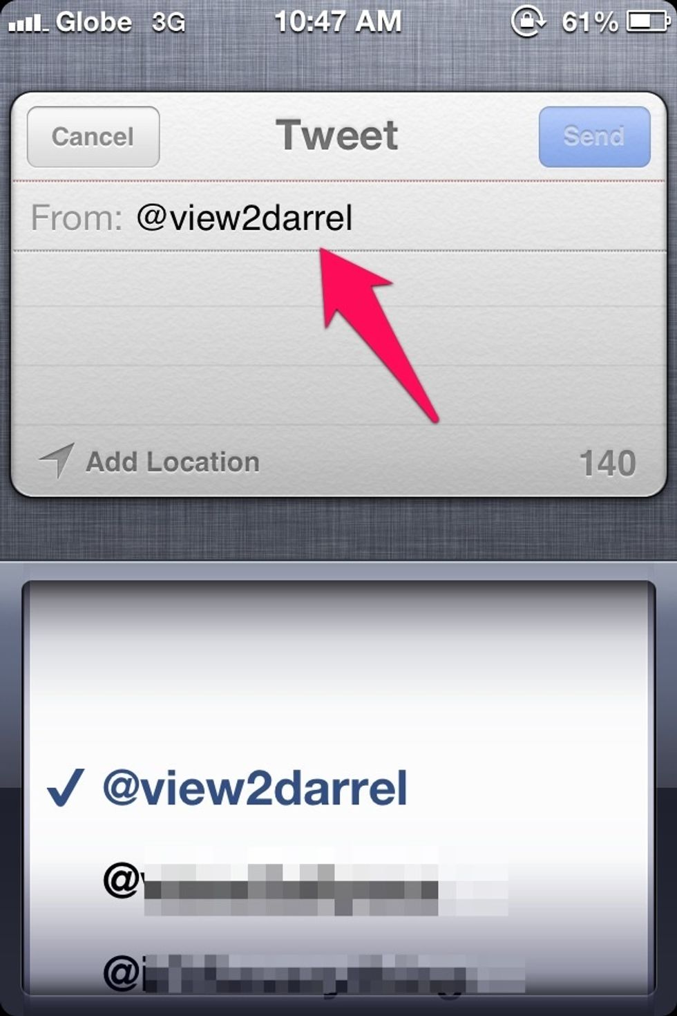 in Twitter if you have different account. you can tweet on different accout by tapping the current account as shown above