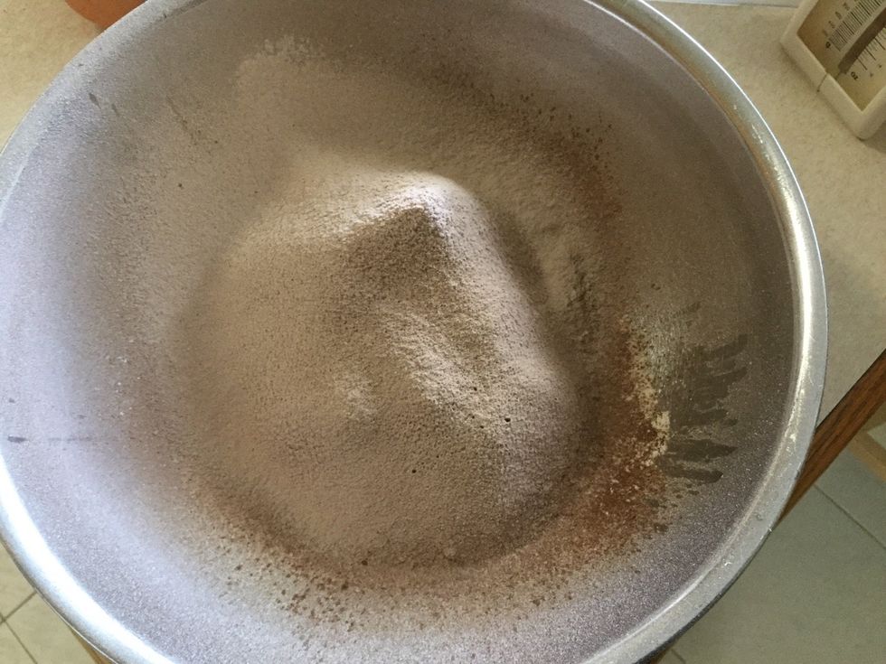 In your bowl add the flour, baking powder, salt, sugar and the cocoa powder. (Sieving can be optional)