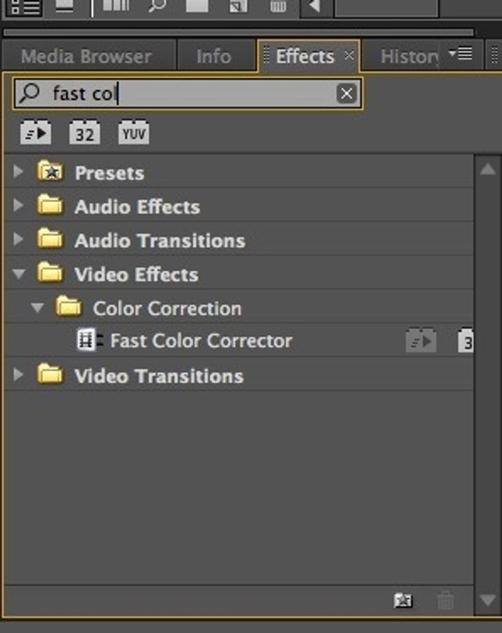 In your Effects panel on the bottom right, search for Fast Colour Corrector. Drag and drop this effect onto the video in your timeline.